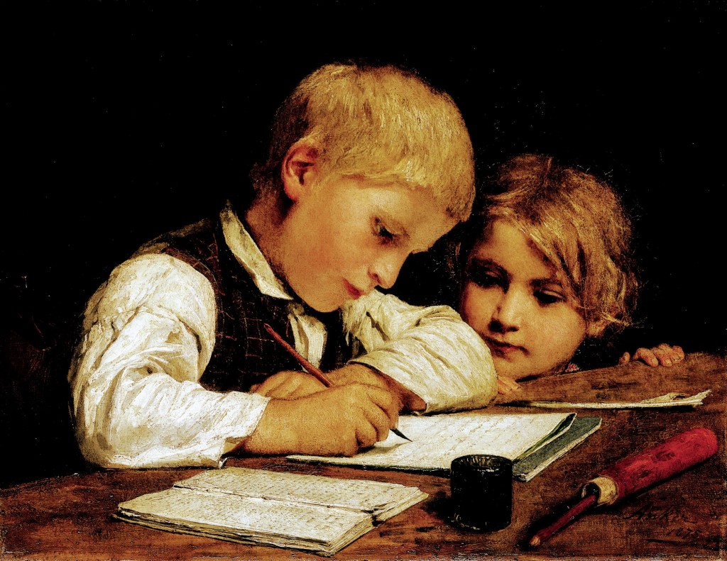 CH463062 Boy writing with his sister, 1875 (oil on canvas) by Anker, Albert (1831-1910