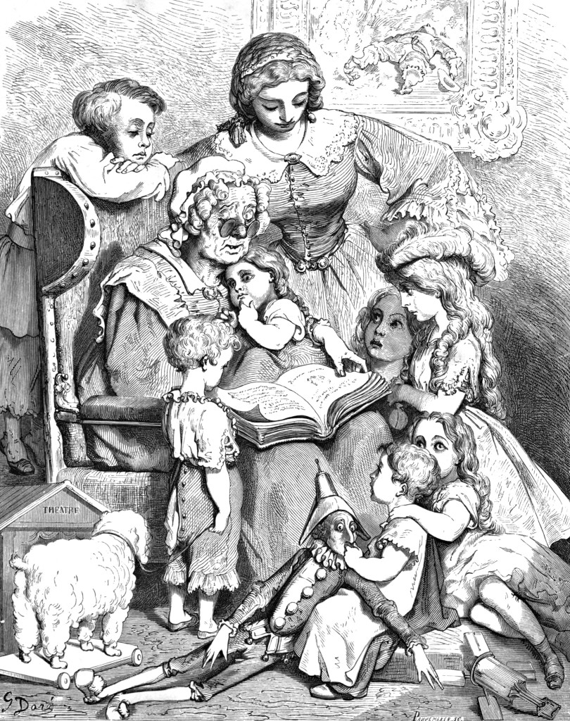Mother Goose reading written fairy tales, by Gustave Doré - WikimediaCommons